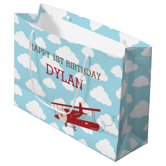 Vintage Aeroplane Gift Bags - Red Plane Cloud (Front Angled)