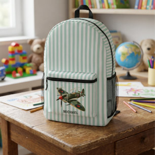 Vintage Aeroplane Green and White Stripes Custom Printed Backpack