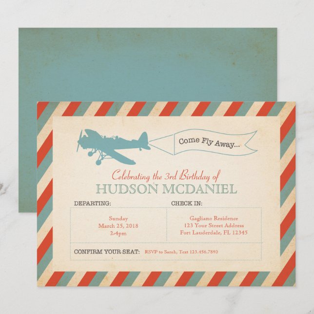 Vintage Aeroplane Kids Birthday Party Invitation (Front/Back)