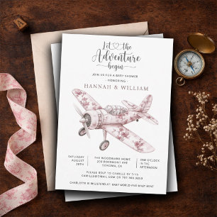 Vintage Aeroplane Let the Adventure Begin Baby Sho Invitation