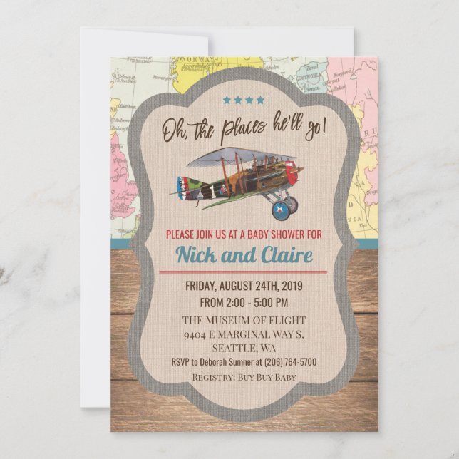 Vintage Aeroplane Map Boy Baby Shower Invitation (Front)