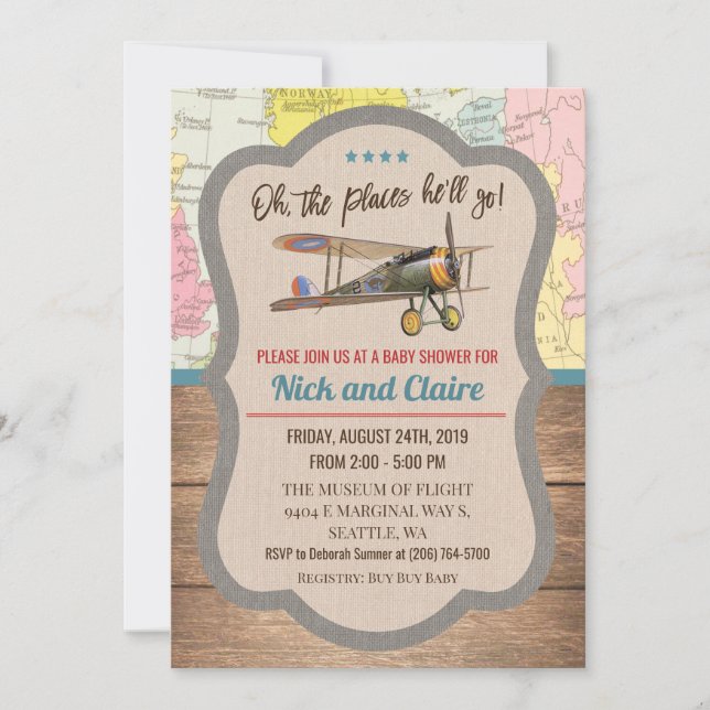 Vintage Aeroplane Map Boy Baby Shower Invitation (Front)