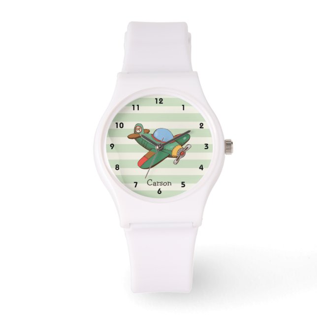Vintage Aeroplane on Pastel Green Stripes Watch (Front)