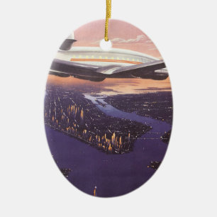 Vintage Aeroplane over Hudson River, New York City Ceramic Tree Decoration