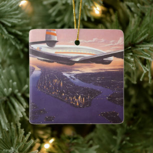 Vintage Aeroplane over Hudson River, New York City Ceramic Tree Decoration
