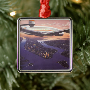 Vintage Aeroplane over Hudson River, New York City Metal Tree Decoration