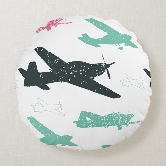 Vintage Aeroplane Pattern Round Cushion (Front)