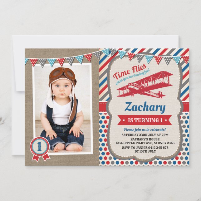 Vintage Aeroplane Pilot Birthday Party Invite (Front)