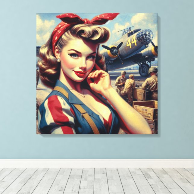 Vintage Aeroplane Pin Up Canvas Print (Insitu(Wood Floor))