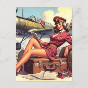 Vintage Aeroplane Pin-Up Illustration Postcard