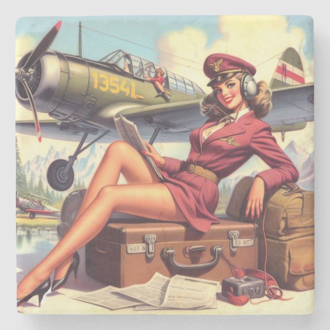 Vintage Aeroplane Pin-Up Illustration Stone Coaster (Front)