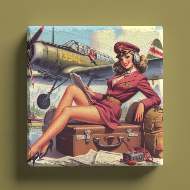 Vintage Aeroplane Pin-Up Illustration Stone Coaster (Creator Uploaded)