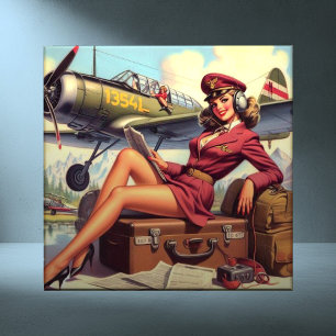 Vintage Aeroplane Pin-Up Illustration Tile