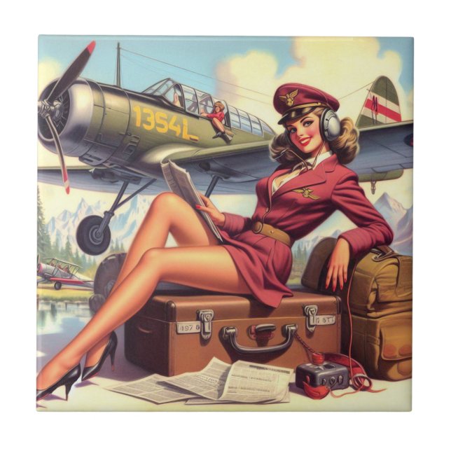 Vintage Aeroplane Pin-Up Illustration Tile (Front)