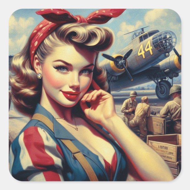 Vintage Aeroplane Pin Up Square Sticker (Front)
