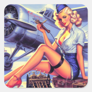 Vintage Aeroplane Pin-up Square Sticker