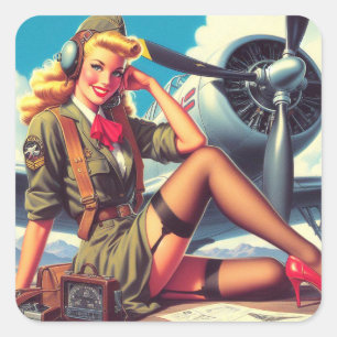 Vintage Aeroplane Pin-Up Square Sticker