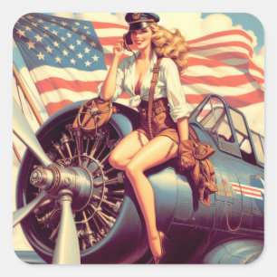 Vintage Aeroplane Pin-up Square Sticker