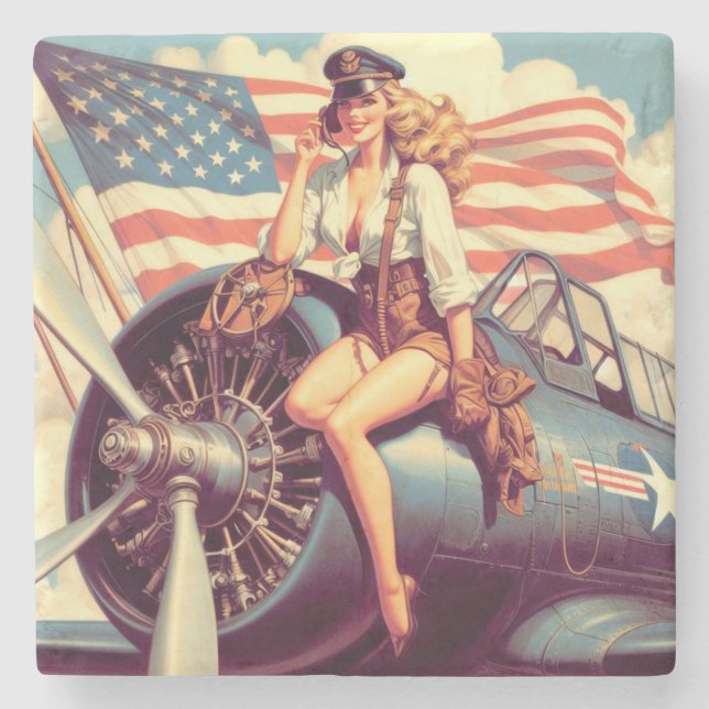 Vintage Aeroplane Pin-up Stone Coaster (Front)
