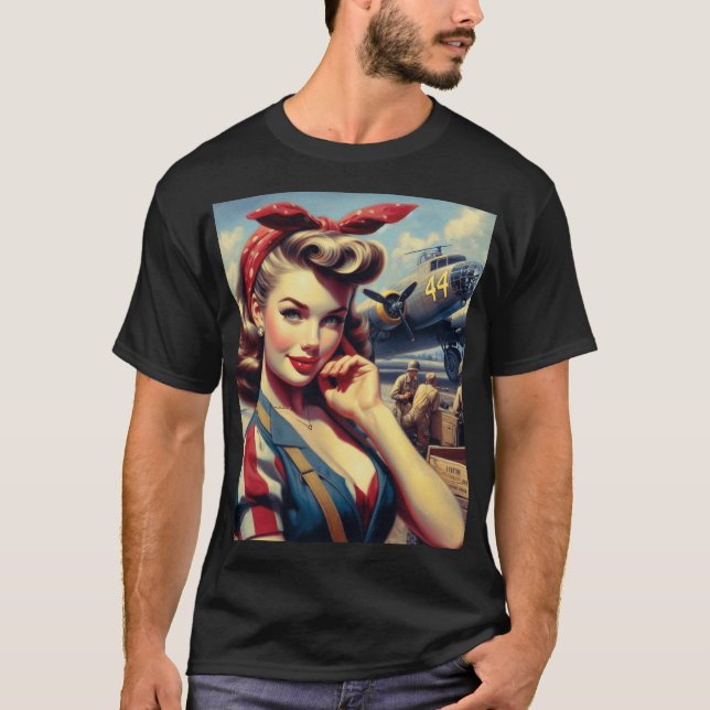 Vintage Aeroplane Pin Up T-Shirt (Front)