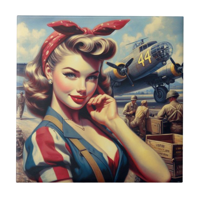 Vintage Aeroplane Pin Up Tile (Front)