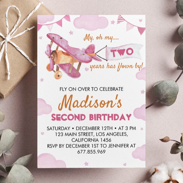 Vintage Aeroplane Pink Girl Birthday Invitation (Creator Uploaded)