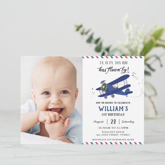 Vintage Aeroplane Plane Blue Gold Birthday Photo Invitation (Standing Front)
