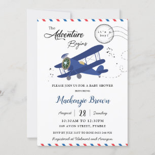 Vintage Aeroplane Plane Blue Gold Boy Baby Shower Invitation