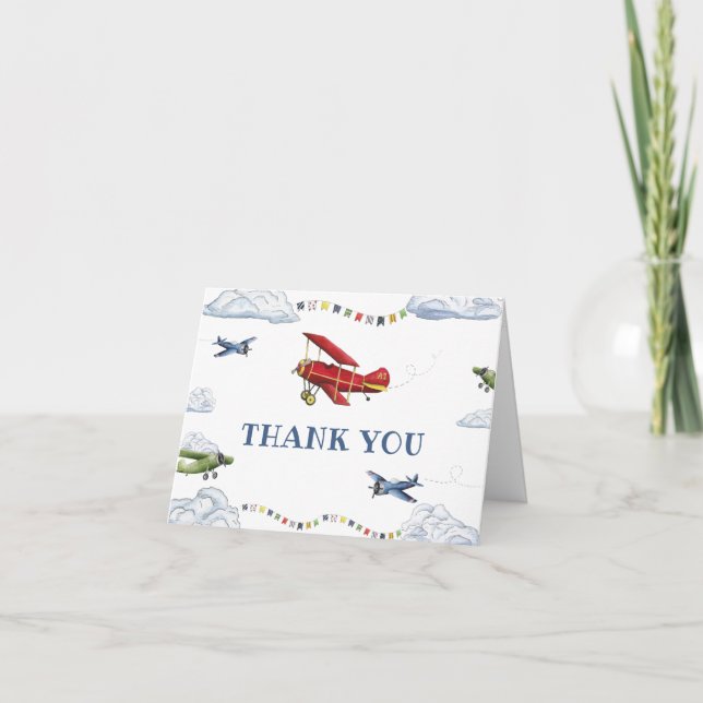 Vintage Aeroplane Plane First Birthday Thank You (Front)