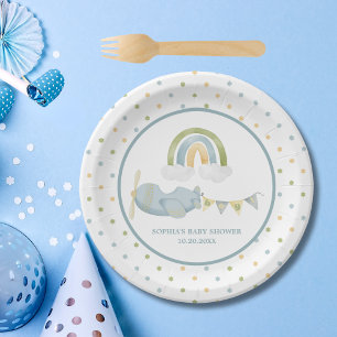 Vintage Aeroplane Rainbow Clouds Boy Baby Shower Paper Plate