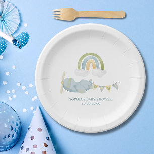Vintage Aeroplane Rainbow Clouds Boy Baby Shower Paper Plate