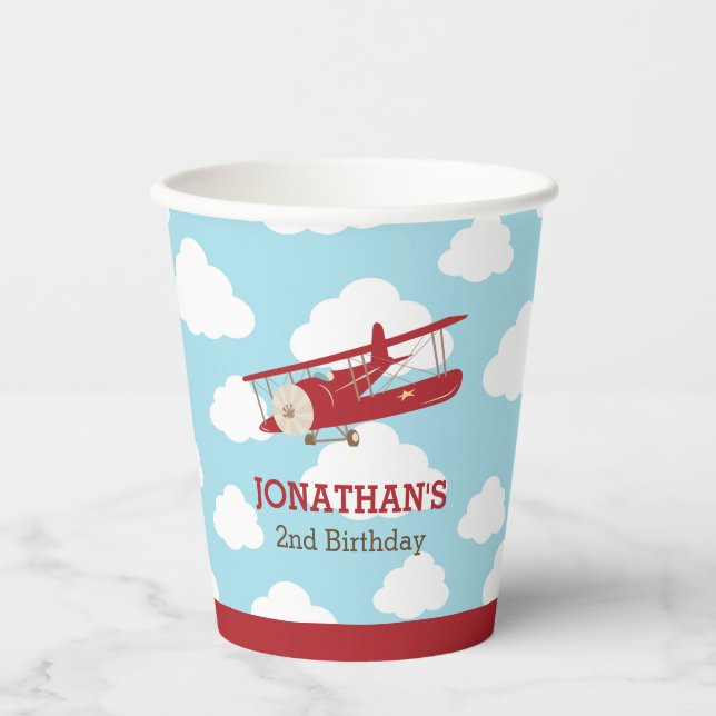 Vintage Aeroplane (Red Plane) Birthday Paper Cups (Front)
