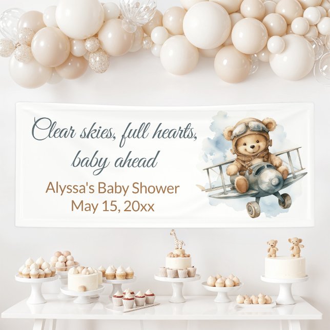 Vintage Aeroplane Teddy Bear Baby Shower Banner (Clear Skies Full Hearts Baby Ahead teddy bear pilot baby shower banner)