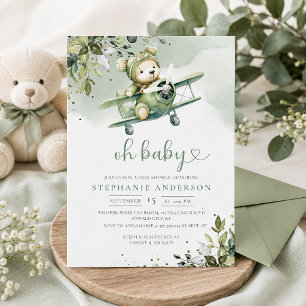 Vintage Aeroplane Teddy Bear Baby Shower Invitation
