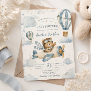 Vintage Aeroplane Teddy Bear Baby Shower Invitation