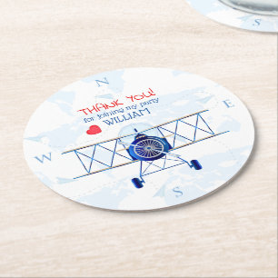 Vintage Aeroplane Thank You Birthday Party Round Paper Coaster
