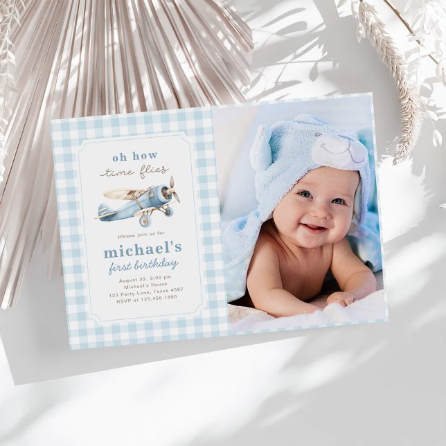 Vintage Aeroplane Time Flies 1st Birthday Photo Invitation (Creator Uploaded)
