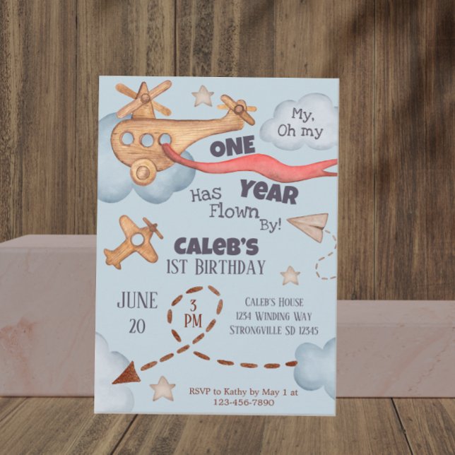 Vintage Aeroplane Time Flies Blue Birthday  Invitation (Creator Uploaded)