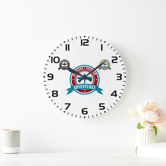 Vintage Aeroplane Tourism Adventures Logo Aviation Large Clock (Creator Uploaded)