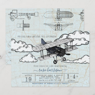 Vintage Aeroplane Travel Baby Shower Invitation