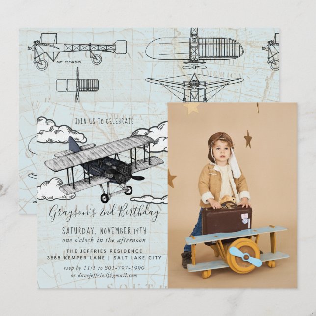 Vintage Aeroplane | Travel Birthday Party Invitation (Front/Back)