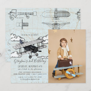 Vintage Aeroplane   Travel Birthday Party Invitation