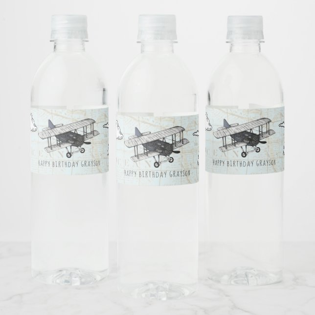 Vintage Aeroplane Travel Party Water Bottle Label (Bottles)