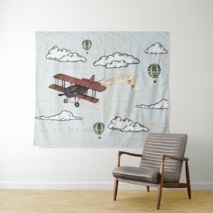 Vintage Aeroplane   Travel Theme Party Backdrop Tapestry