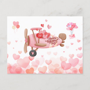 Vintage Aeroplane Valentine's Day Hearts, Balloons Postcard