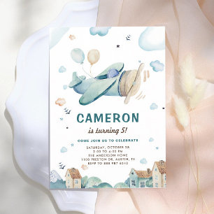 Vintage Aeroplane Watercolor Boy Birthday Invitation