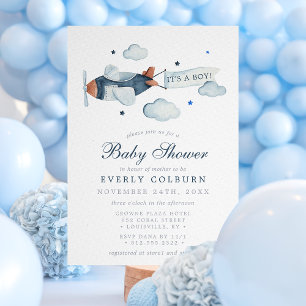 Vintage Aeroplane Watercolor It's A Boy Baby Showe Invitation