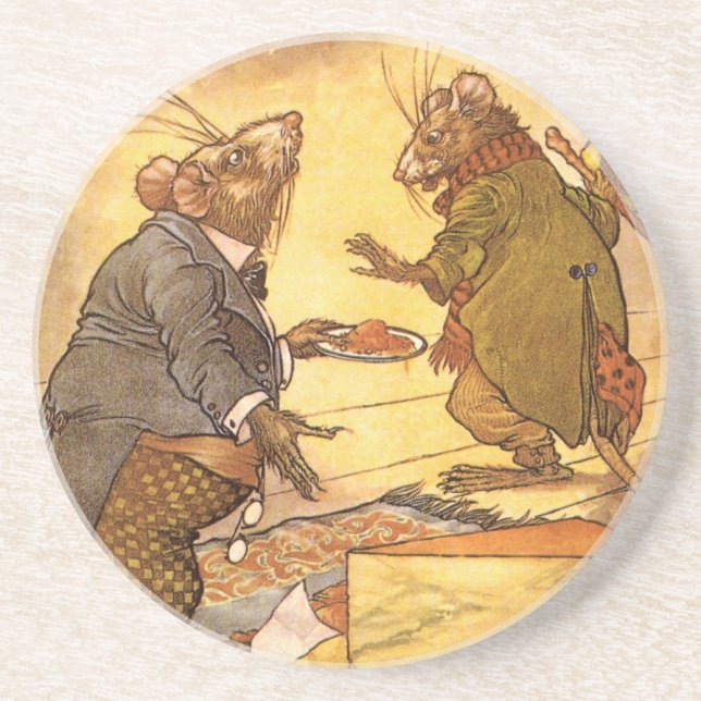 Vintage Aesop's Fable, Country Mouse, City Mouse Coaster (Front)