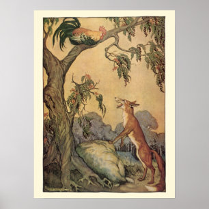 Vintage Aesop's Fables, Fox, Rooster and the Dog Poster