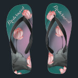 Vintage Aesthetic Floral Pattern Bridesmaid Gift Flip Flops<br><div class="desc">These personalised and elegant flip flops feature a retro aesthetic pattern of pink lotus flowers painting on dark teal green to pink gradient background. The gorgeous flip flops are a memorable gift for wedding party members: bride, bridesmaids, mother of the bride, maid of honour... They will add a stylish dose of glam to...</div>